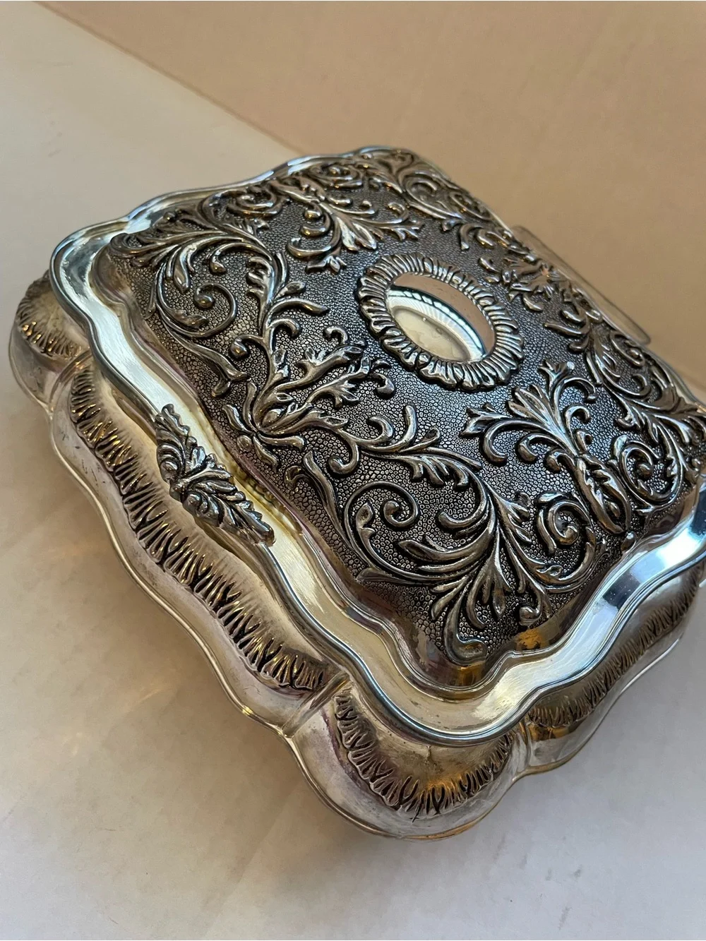 Vintage Godinger Silverplate Victorian Ornate Jewelry Box Red Velvet Lining